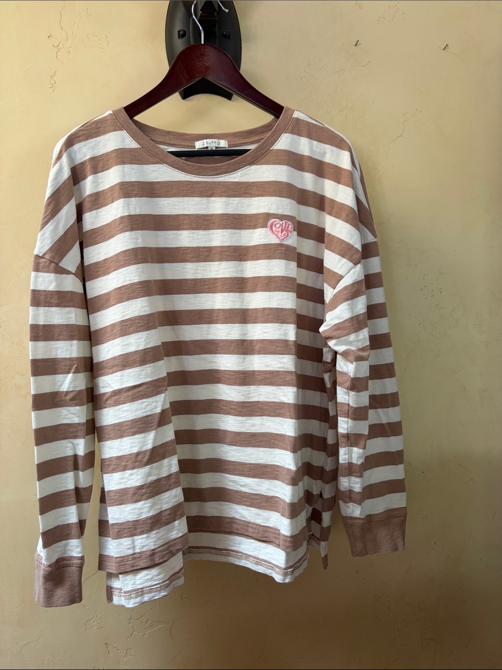 Sz XL Z Supply Women’s Long-Sleeve Striped Tee in Cream & Brown with Love Patch